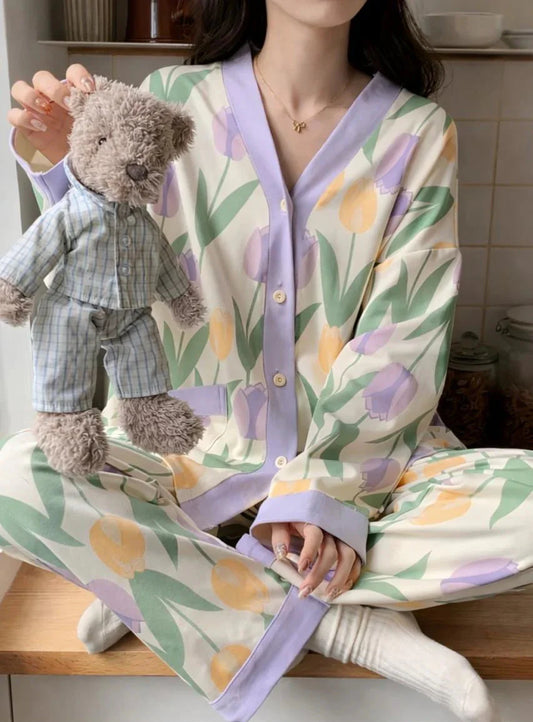 Off White With Flower V-Neck Button Printed Night Suit