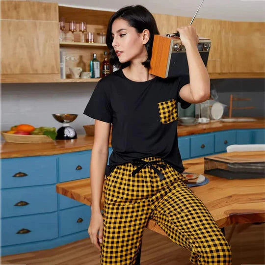 Yellow and Black Check Pocket Printed Night Suit