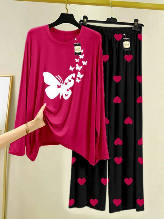Dark Pink Printed Nightwear Set