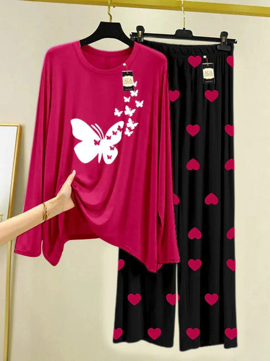 Dark Pink Printed Nightwear Set