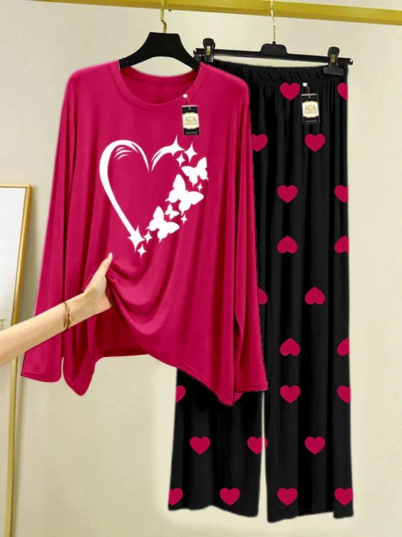 Dark Pink Printed Nightwear Set