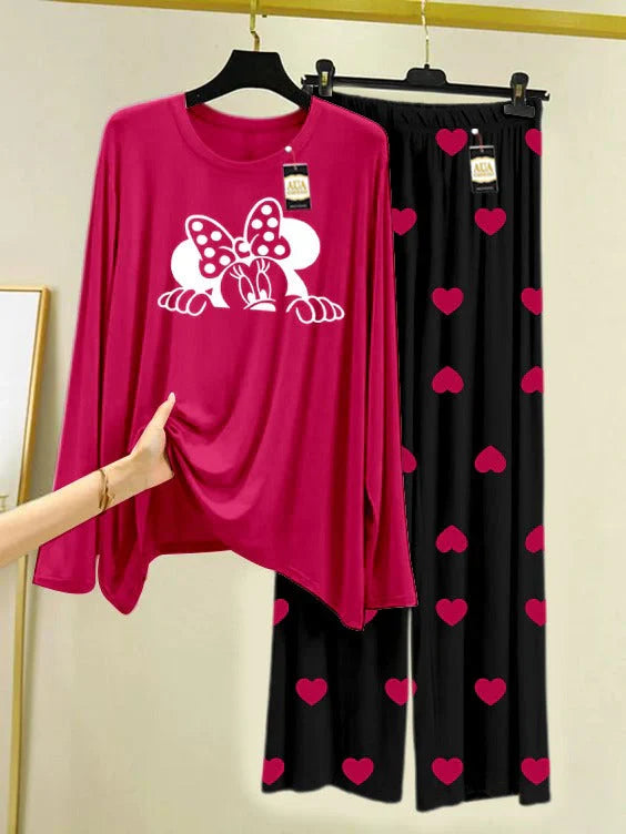 Dark Pink Printed Nightwear Set