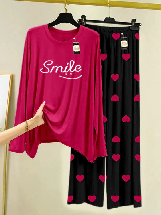 Dark Pink Printed Nightwear Set