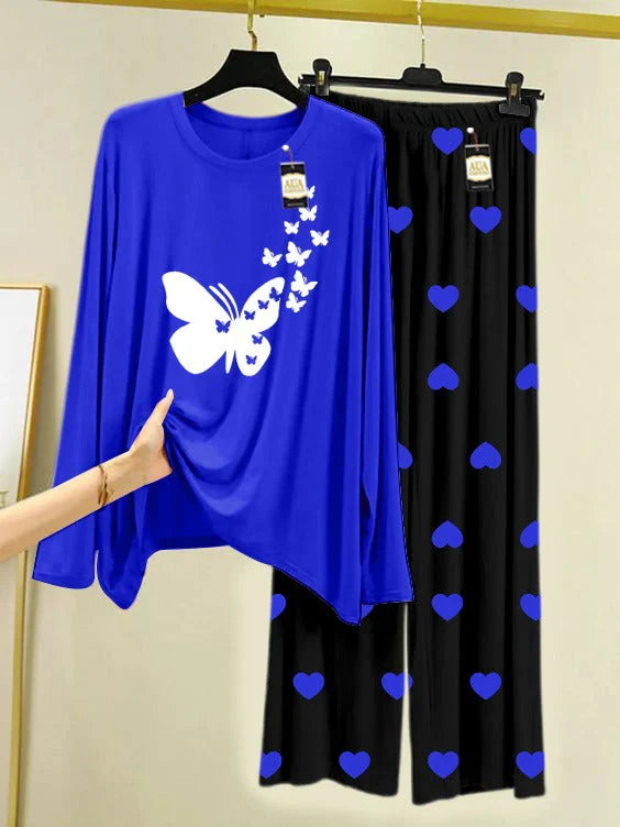 Navy Blue Printed Nightwear Set with Mini Heart Printed Trousers – Women's Lounge Wear