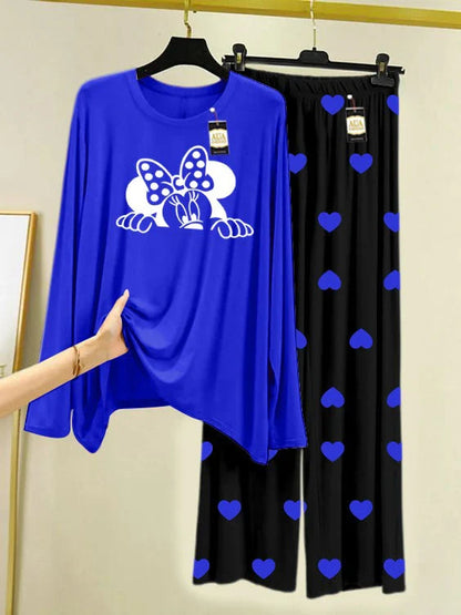 Navy Blue Printed Nightwear Set with Mini Heart Printed Trousers – Women's Lounge Wear