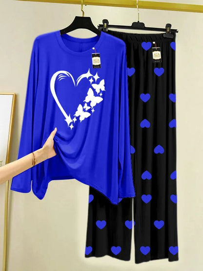 Navy Blue Printed Nightwear Set with Mini Heart Printed Trousers – Women's Lounge Wear