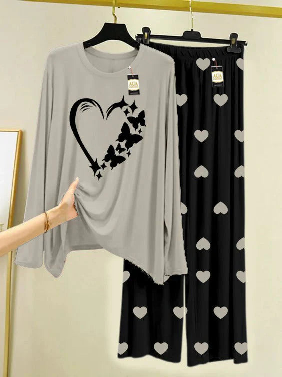 Grey Printed Nightwear Set with Black Mini Heart Printed Trousers – Women's Lounge Wear