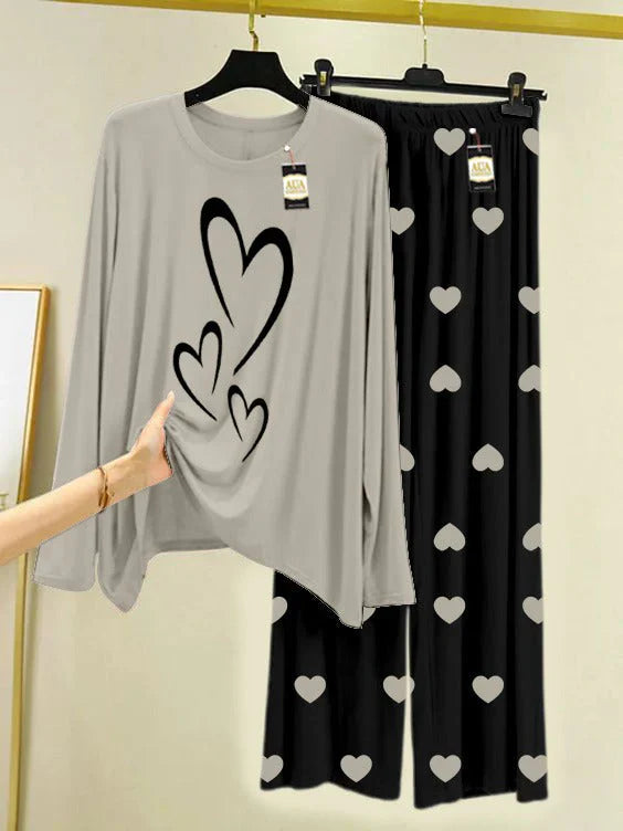 Grey Printed Nightwear Set with Black Mini Heart Printed Trousers – Women's Lounge Wear