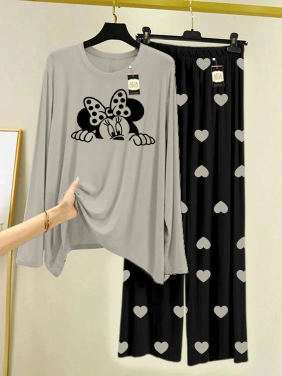 Grey Printed Nightwear Set with Black Mini Heart Printed Trousers – Women's Lounge Wear