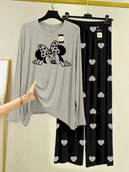 Grey Printed Nightwear Set with Black Mini Heart Printed Trousers – Women's Lounge Wear