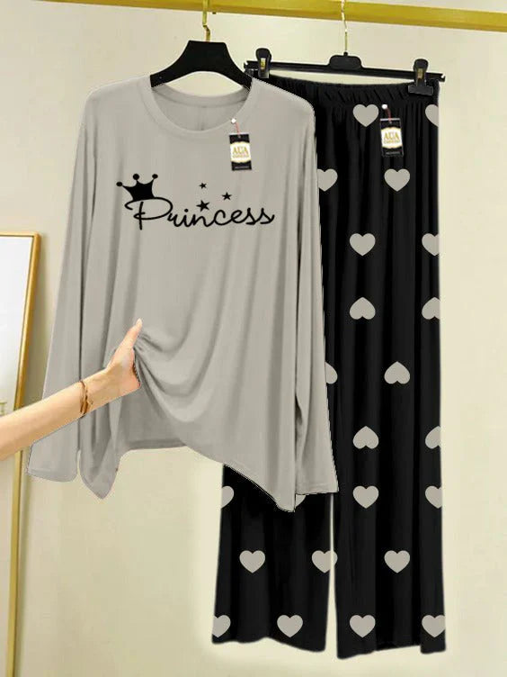 Grey Printed Nightwear Set with Black Mini Heart Printed Trousers – Women's Lounge Wear