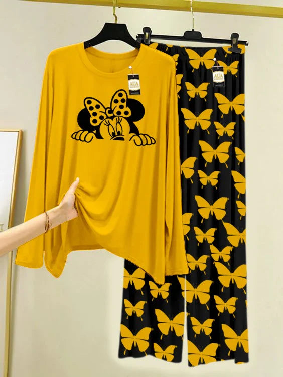 Yellow Printed Nightwear Set With Black Butterfly Printed Trousers – Women's Lounge Wear