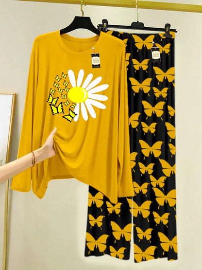 Yellow Printed Nightwear Set With Black Butterfly Printed Trousers – Women's Lounge Wear