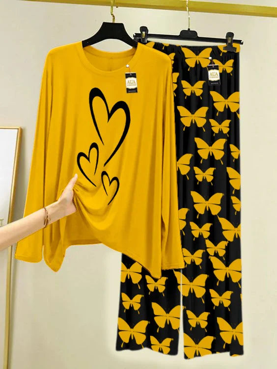 Yellow Printed Nightwear Set With Black Butterfly Printed Trousers – Women's Lounge Wear