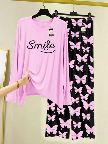 Baby Pink Printed Nightwear Set With Black Butterfly Printed Trousers – Women's Lounge Wear