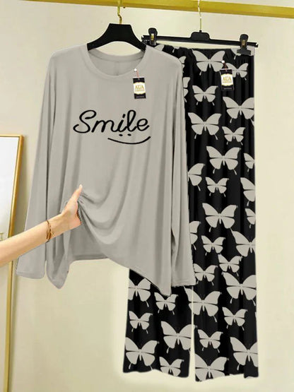 GREY Printed Nightwear Set With Black Butterfly Printed Trousers – Women's Lounge Wear