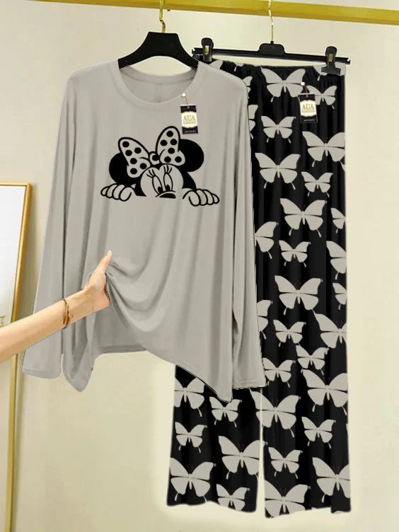 GREY Printed Nightwear Set With Black Butterfly Printed Trousers – Women's Lounge Wear