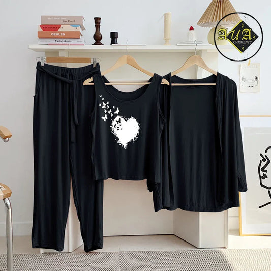 3 Piece Lounge wear Nightwear Sleepwear For Women Black