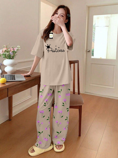 Printed Half-Sleeved Vest For Leisure Home Wear Female Sleepwear Night Dress