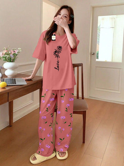 Printed Half-Sleeved Vest For Leisure Home Wear Female Sleepwear Night Dress