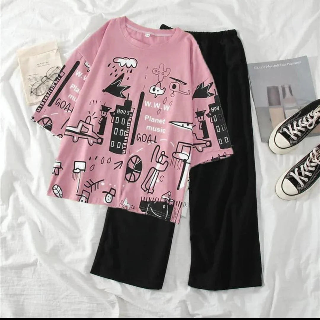 planet printed baggy style night suit cotton jarsy fabric