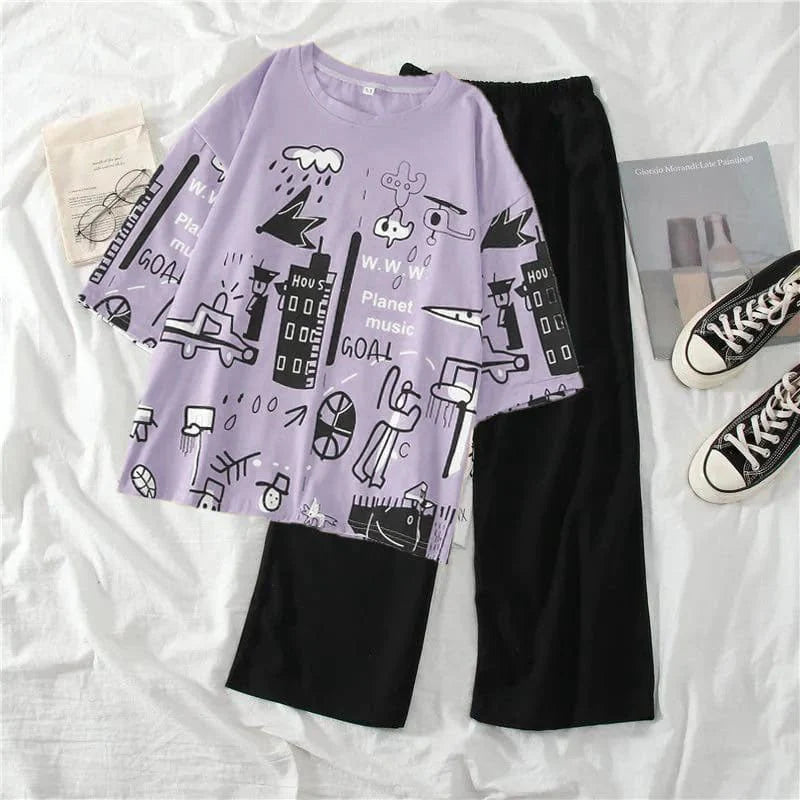 planet printed baggy style night suit cotton jarsy fabric
