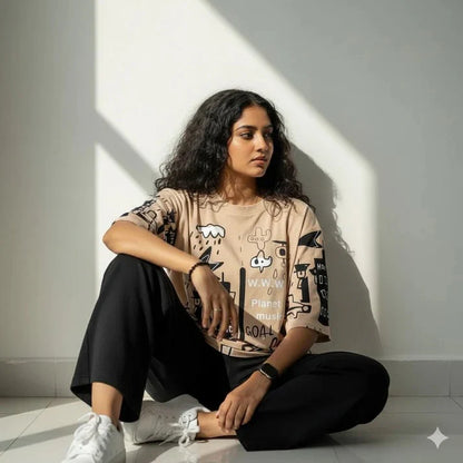 planet printed baggy style night suit cotton jarsy fabric