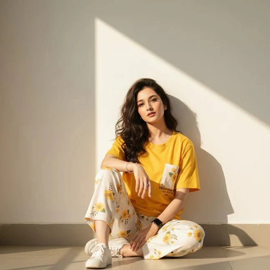 yellow flower printed night suit in premium fabric cotton jarsy