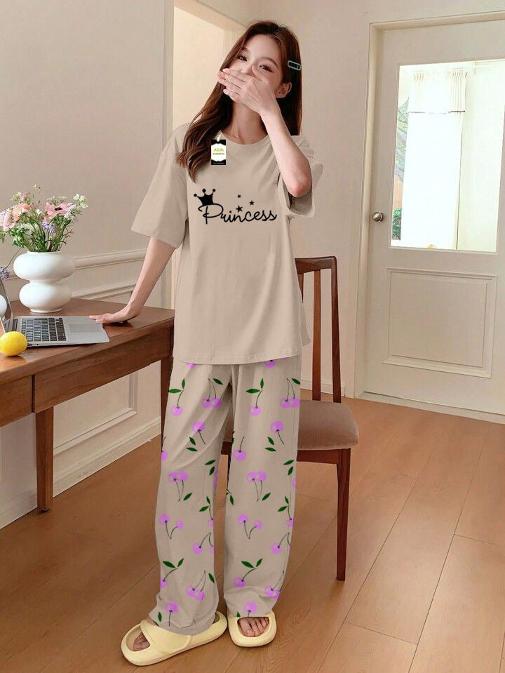 Printed Half-Sleeved Vest For Leisure Home Wear Female Sleepwear Night Dress