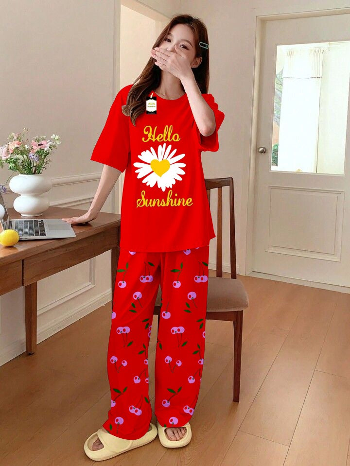 Printed Half-Sleeved Vest For Leisure Home Wear Female Sleepwear Night Dress