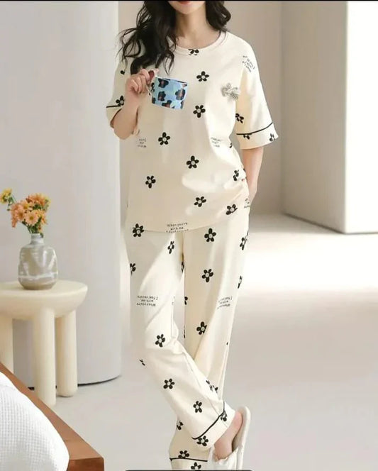 white flower design night suit premium fabric for girls and woman