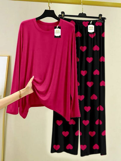 Plan Printed Nightwear Set with Black Mini Heart Printed Trousers – Women's Lounge Wear