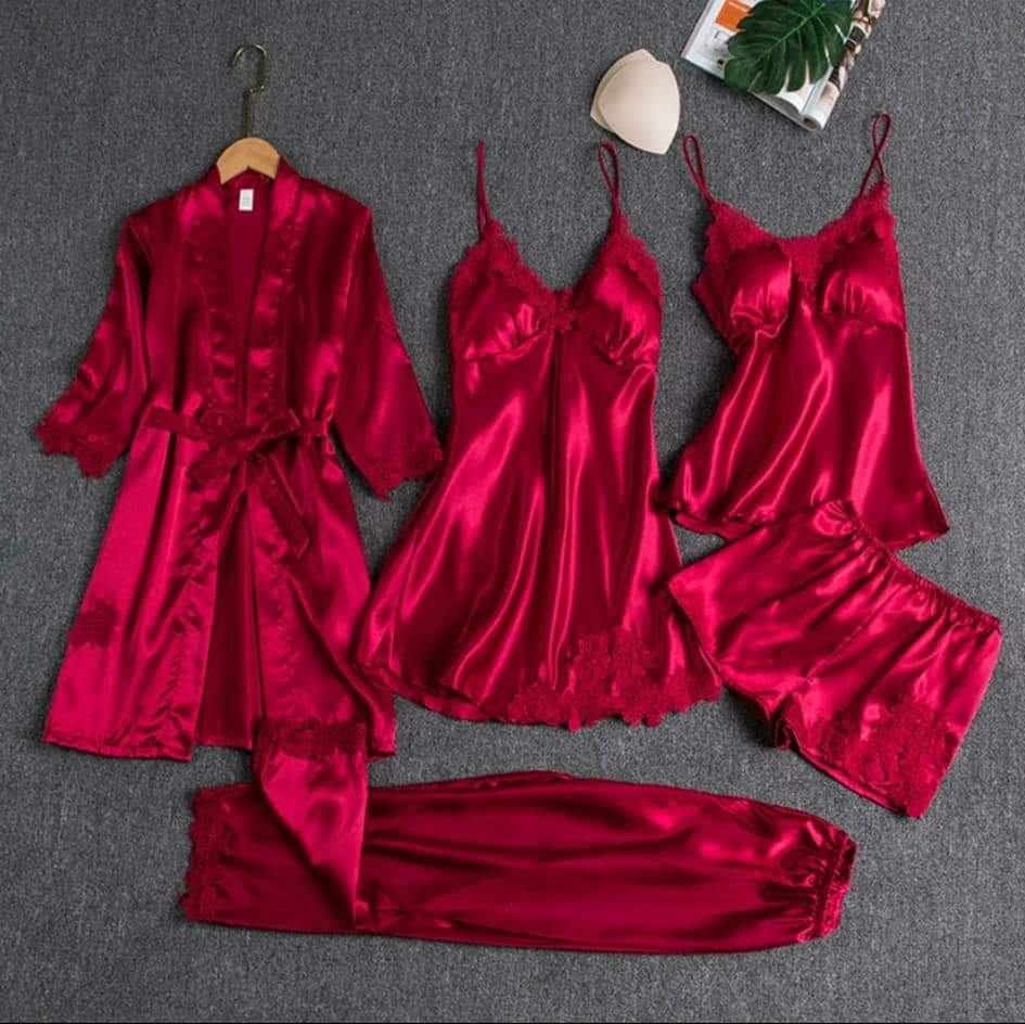 5 Piece Silk Jersey Nightwear Set for Women in Pakistan – Premium Unpadded Lingerie