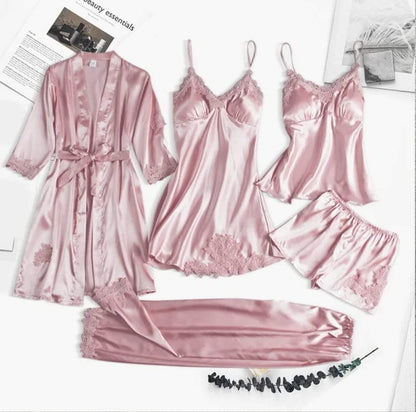 5 Piece Silk Jersey Nightwear Set for Women in Pakistan – Premium Unpadded Lingerie