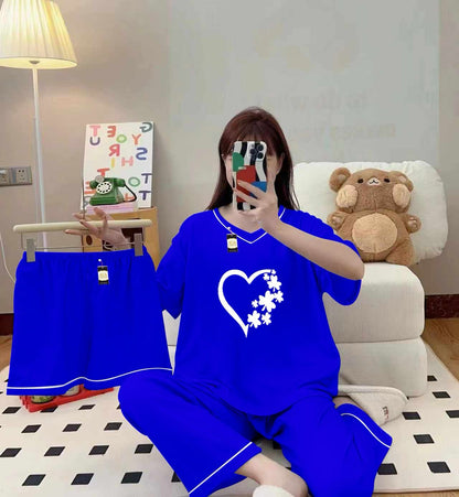 3-Piece Cami Nightwear Set for Women with Elegant White Borders Royal Blue