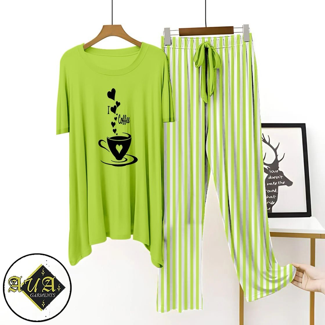 Green Lining Trouser Printed Night Suit with Luxurious Lining Pajamas Stylish Sleepwear Set for a Cozy Night's Rest