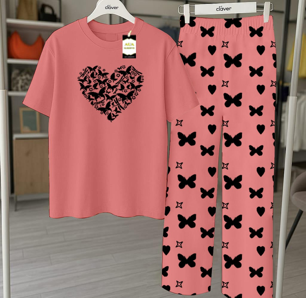 Peach Printed Nightwear Set With Star Butterfly Printed Trousers – Women's Lounge Wear