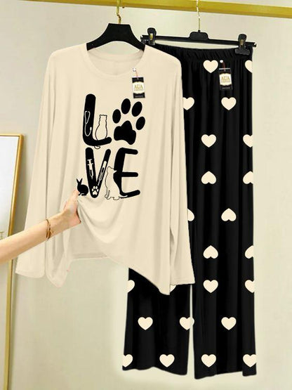 Off white Printed Nightwear Set with Black Mini Heart Printed Trousers – Women's Lounge Wear