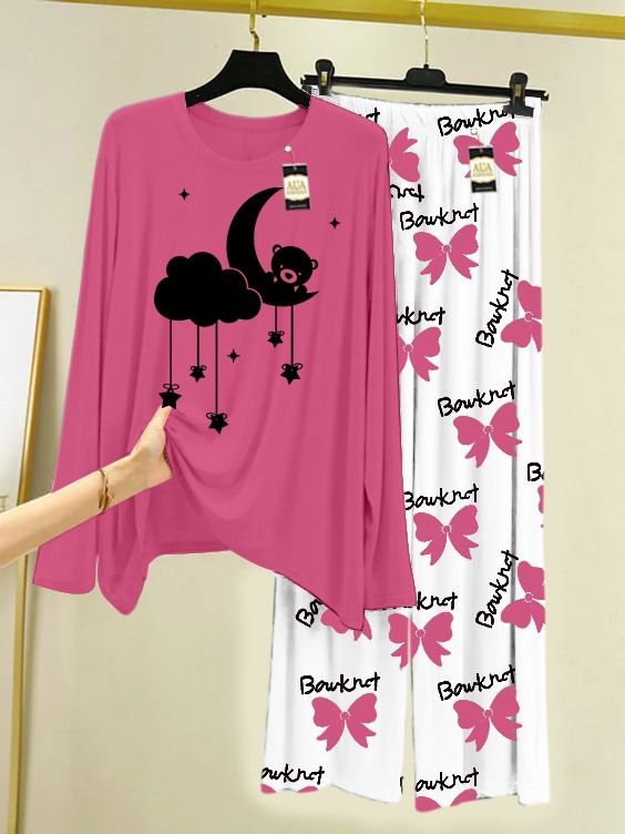 Baby Pink Printed Nightwear Set With Boo  Printed Trousers – Women's Lounge Wear