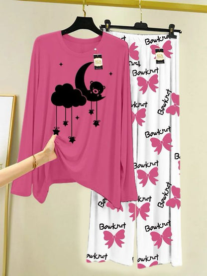 Baby Pink Printed Nightwear Set With Boo  Printed Trousers – Women's Lounge Wear
