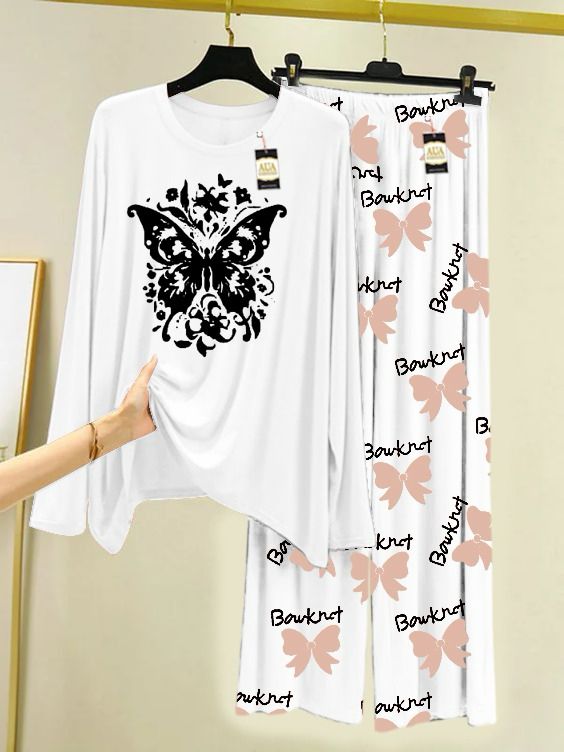 white Printed Nightwear Set with Boo Printed Trousers – Women's Lounge Wear