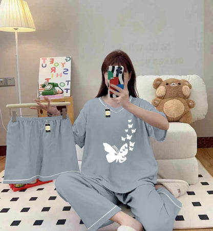 3-Piece Cami Nightwear Set for Women with Elegant White Borders Grey