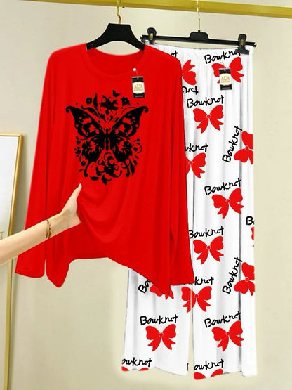 Red Printed Nightwear Set with Boo Printed Trousers – Women's Lounge Wear