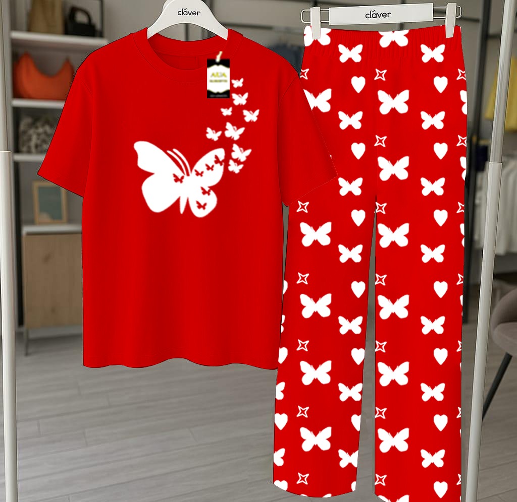 Red Printed Nightwear Set With Star Butterfly Printed Trousers – Women's Lounge Wear