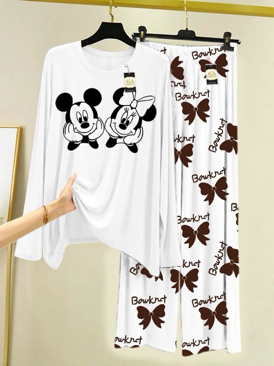 white Printed Nightwear Set with Boo Printed Trousers – Women's Lounge Wear