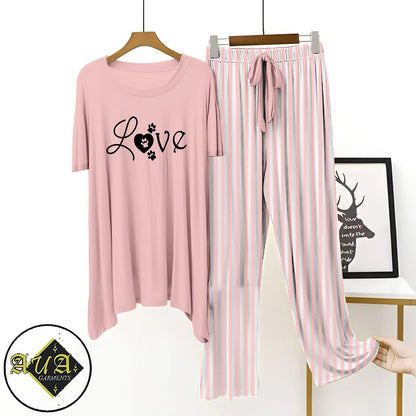 LIght Pink Printed Night Suit with Luxurious Lining Pajamas Stylish Sleepwear Set for a Cozy Night's Rest
