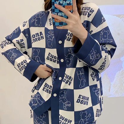 Dora Blue Check Style V-Neck Button Printed Night Suit