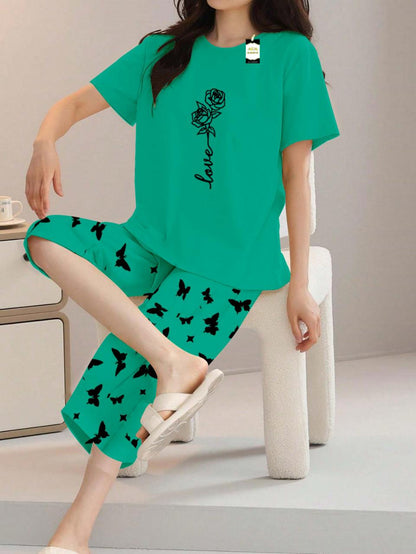 Printed Half-Sleeved Vest For Leisure Home Wear Female Sleepwear Night Dress