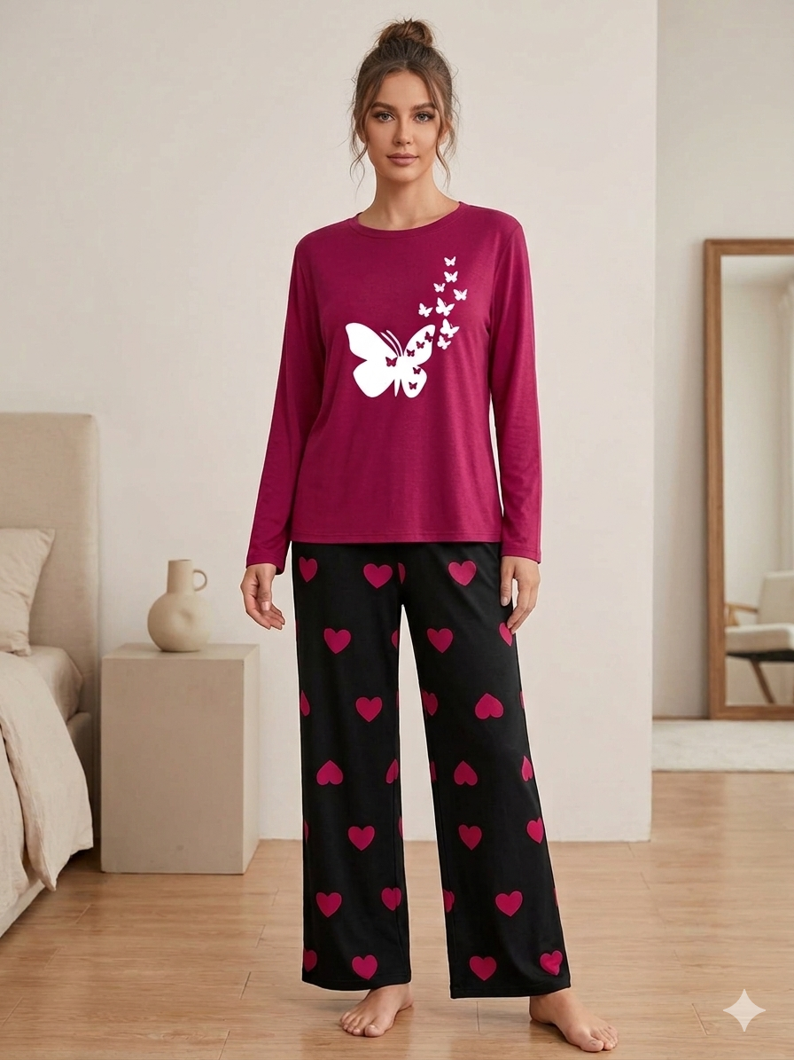 Dark Pink Printed Nightwear Set
